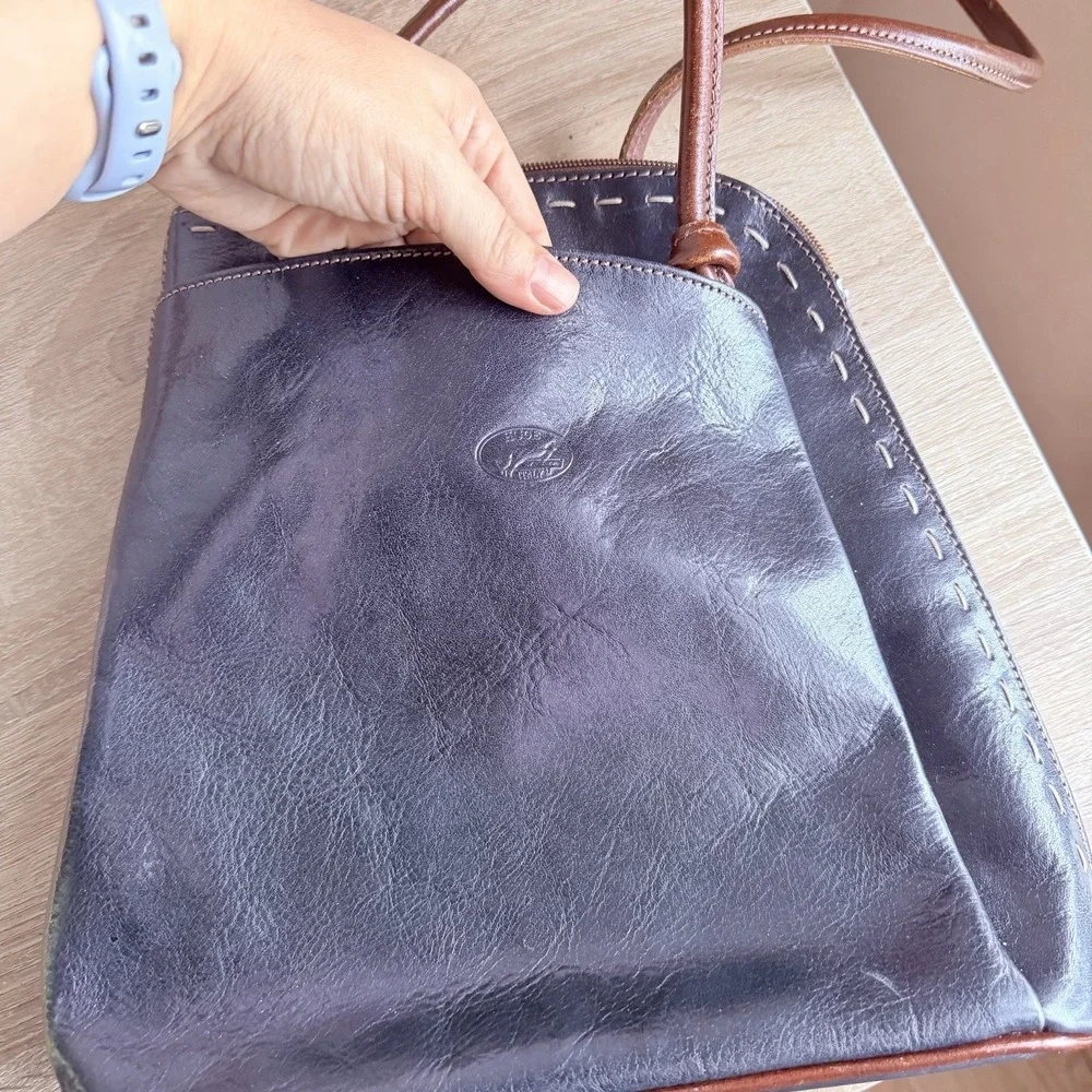 H Joe Stitched Leather Convertible Backpack Women's Navy‎ Brown Made in ITALY